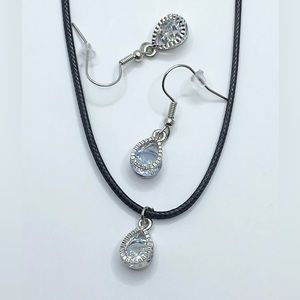 Black Necklace & earrings elegant silver tone diamond, or antique-like pendant